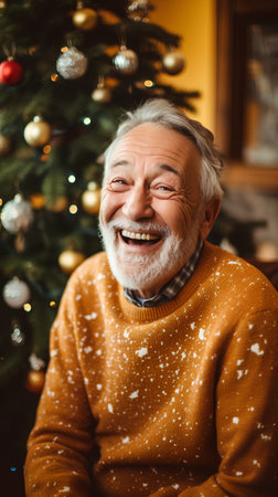 Portrait of a happy senior man at home near christmas treeの素材