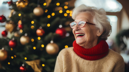 Portrait of smiling senior woman in glasses at home near christmas treeの素材