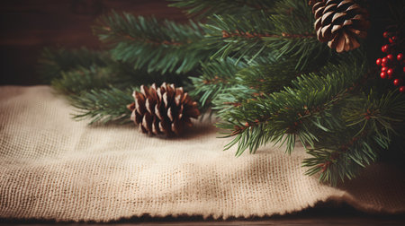 Christmas background with fir branches, pine cones and berries on sackclothの素材