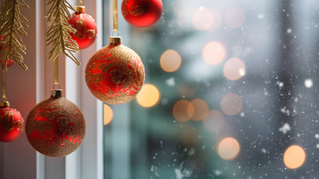 Christmas decoration on the window with bokeh background. Copy space.の素材
