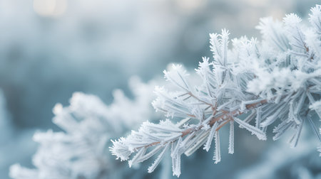 Pine branch covered with hoarfrost on a blurred background.の素材