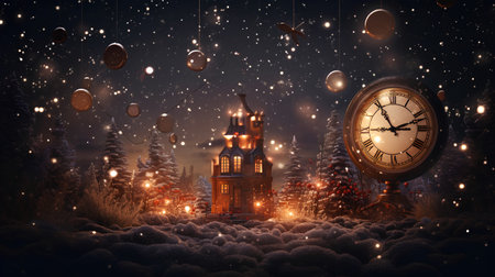 Christmas and New Year background with clock and winter landscape. 3d renderingの素材
