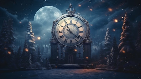 Vintage clock in the forest at night with moon and stars illustrationの素材