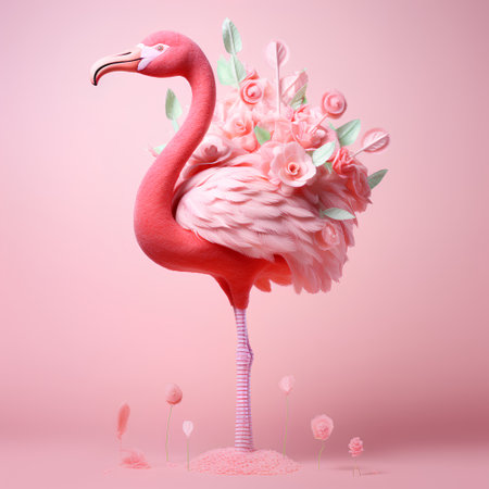 Flamingo with flowers on pink background. 3d rendering.の素材