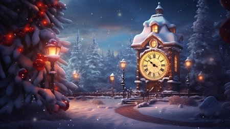 Christmas and New Year background with clock, fir trees and snowfallの素材