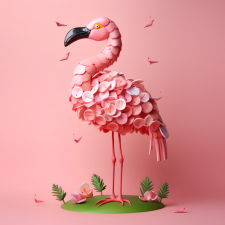 Flamingo with pink flowers. 3d illustration. Square composition.の素材