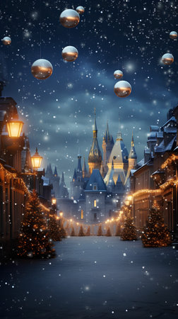 Magic winter cityscape with Christmas trees and fairytale castle at nightの素材
