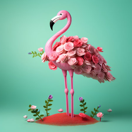 Pink flamingo with flowers on a green background. 3d illustrationの素材