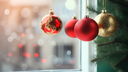 Christmas decorations on the background of a window with bokeh.の素材