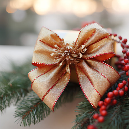 Christmas gift box with golden bow and red berries on bokeh backgroundの素材
