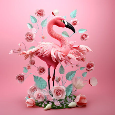 Pink flamingo with flowers and leaves on a pink background. 3d illustrationの素材
