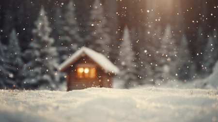 Beautiful winter landscape with wooden house in the forest. Christmas background.の素材