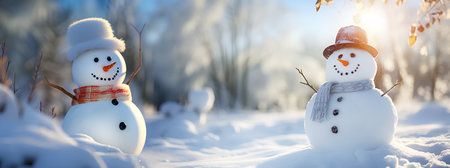 Snowman in the winter forest. Christmas card. 3d renderingの素材