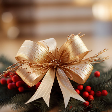 Christmas decoration with fir tree branch, berries and golden bow on blurred backgroundの素材