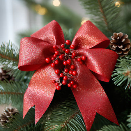 Christmas tree decoration with red bow and berries on blurred background, closeupの素材