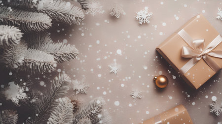 Christmas background. Gifts, fir branches and snowflakes on a gray backgroundの素材