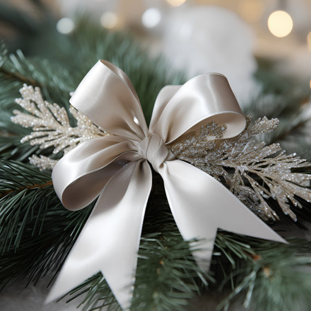 Christmas decoration with fir branches and silver bow on bokeh backgroundの素材