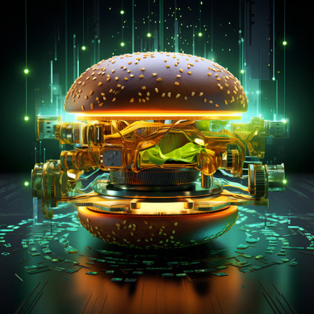 Cyberpunk burger with glowing display. 3d rendering, 3d illustration.の素材