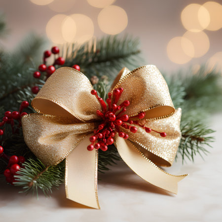 Christmas decoration with fir tree branch and golden bow on bokeh backgroundの素材