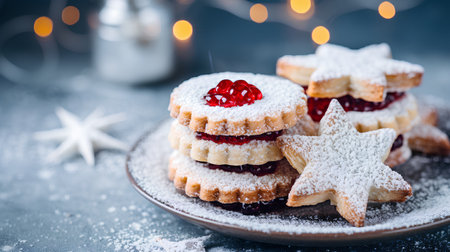 Christmas cookies with berry jam and sugar powder on a dark backgroundの素材