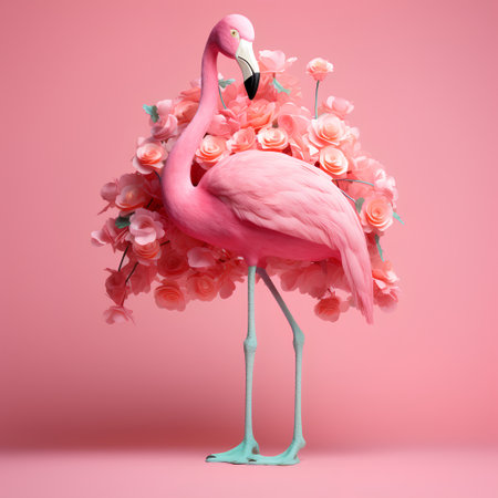 Pink flamingo with a bouquet of flowers on a pink backgroundの素材