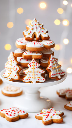 Christmas gingerbread cookies in the shape of a Christmas tree on a white plate.の素材