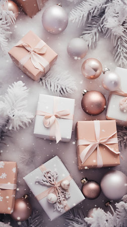 Christmas background with gift boxes and decorations. Flat lay, top view.の素材