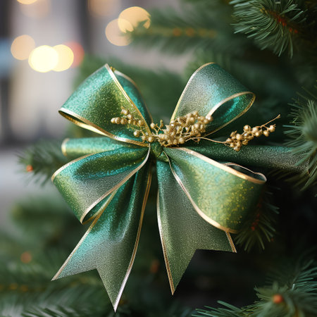 Christmas tree decoration with green bow on blurred background with bokehの素材