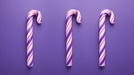 Christmas candy canes on purple background. Flat lay, top view.の素材