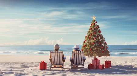 Christmas tree on the beach with two chairs. 3d rendering.の素材