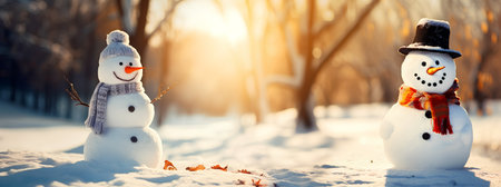 Funny snowman in the winter forest at sunset. Christmas background.の素材