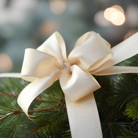 Christmas background with fir branches and golden bow on bokeh backgroundの素材