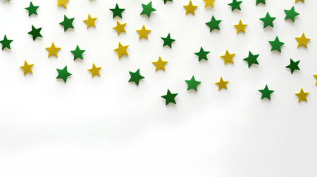 Green and yellow stars on a white background. 3d rendering.の素材