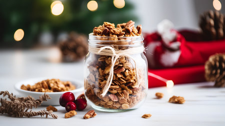 Homemade granola with nuts and cranberries in a glass jar on a Christmas background.の素材
