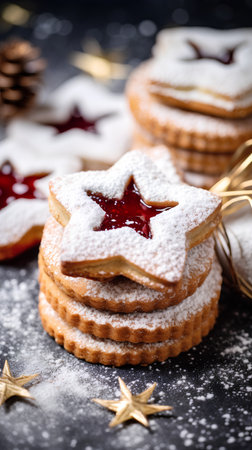Christmas cookies with jam on a dark background. Selective focus.の素材