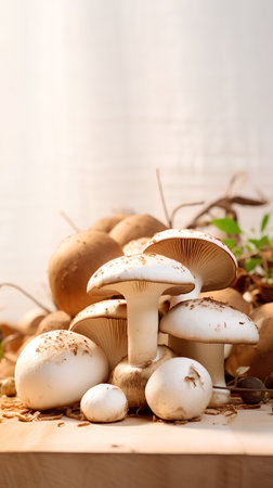 Champignon mushrooms on a wooden board. Selective focus.の素材