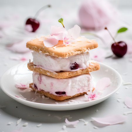 Cherry cake with whipped cream on a white background. Selective focus.の素材
