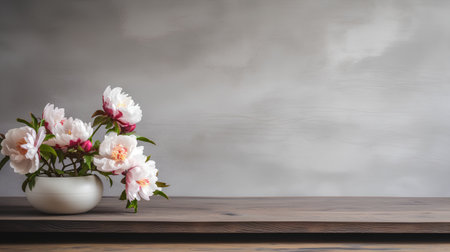 White peony flowers in vase on wooden table over gray wall backgroundの素材