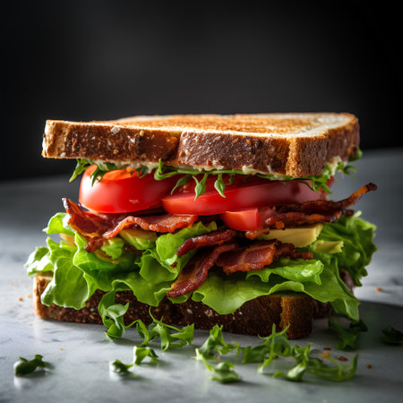 Sandwich with bacon, lettuce, tomato and cheese on black backgroundの素材