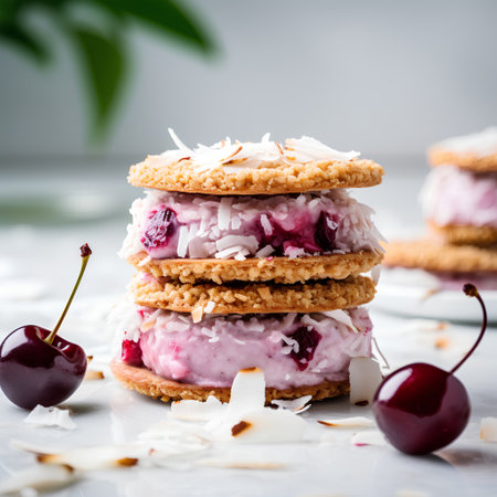 Coconut cookies with cherries and coconut flakes on a light backgroundの素材