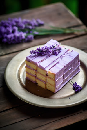 Lavender cake with fresh lavender flowers on a wooden backgroundの素材