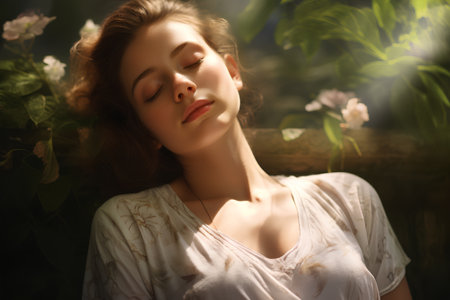 Portrait of a beautiful young woman with closed eyes in a garden.の素材