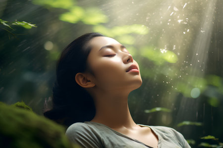 Young beautiful asian woman with closed eyes in the rain forest.の素材
