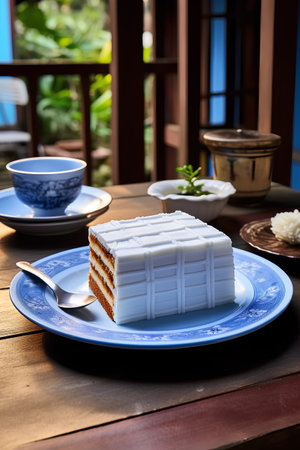 Coconut cake on a blue plate on a wooden table.の素材