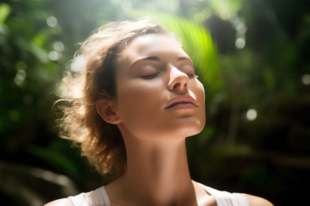 Beautiful young woman with closed eyes and closed eyes in tropical gardenの素材