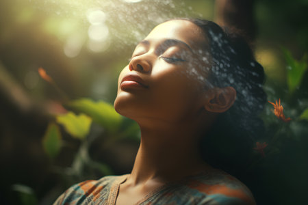 Portrait of a beautiful woman with closed eyes enjoying the rain.の素材