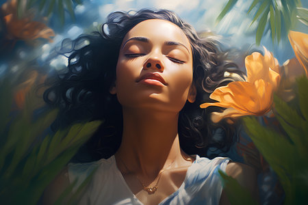 Beautiful young woman with yellow flowers in her hair. Spring concept.の素材