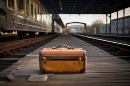 Vintage suitcase on the platform of a railway station with a train in the backgroundの素材
