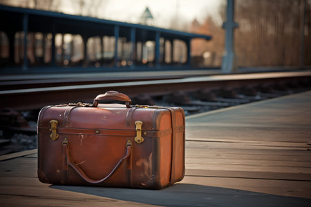 Old suitcase on the platform of a railway station waiting for the trainの素材
