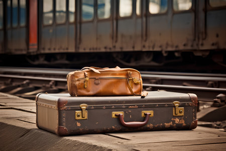 Vintage leather suitcase on railway station background. Travel and vacation conceptの素材